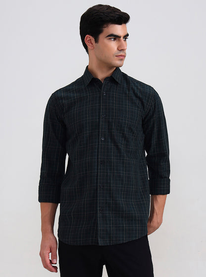 Dark Green Checked Smart Fit Semi Casual Shirt | Greenfibre