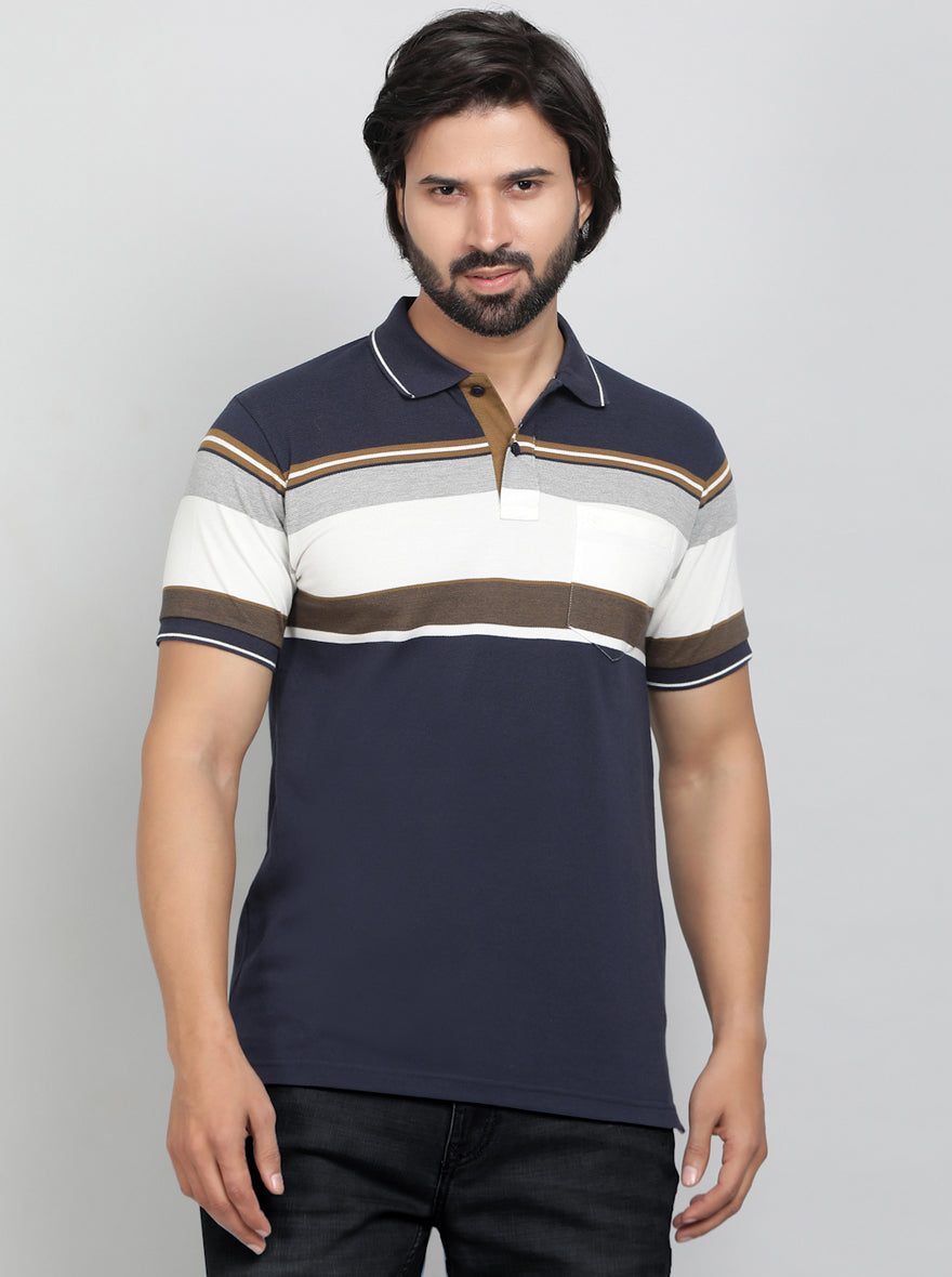 Navy Blue Striped Regular Fit Polo T-Shirt | Greenfibre