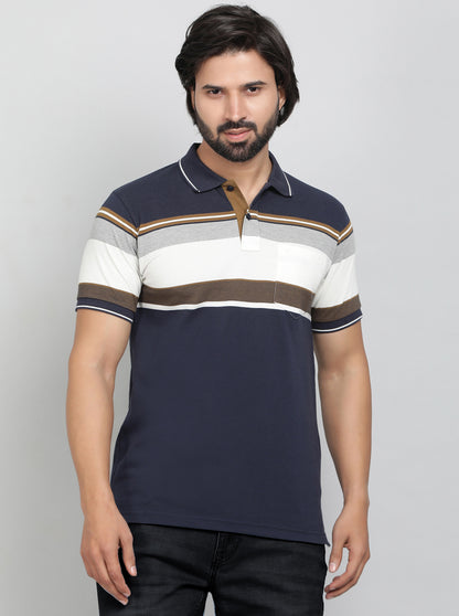 Navy Blue Striped Regular Fit Polo T-Shirt | Greenfibre