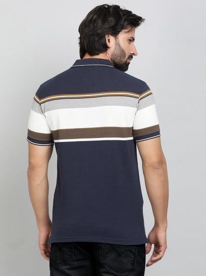 Navy Blue Striped Regular Fit Polo T-Shirt | Greenfibre