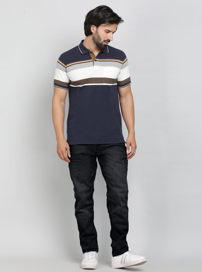 Navy Blue Striped Regular Fit Polo T-Shirt | Greenfibre