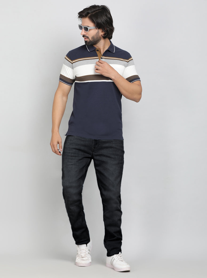 Navy Blue Striped Regular Fit Polo T-Shirt | Greenfibre