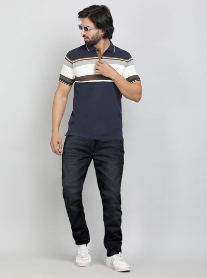 Navy Blue Striped Regular Fit Polo T-Shirt | Greenfibre
