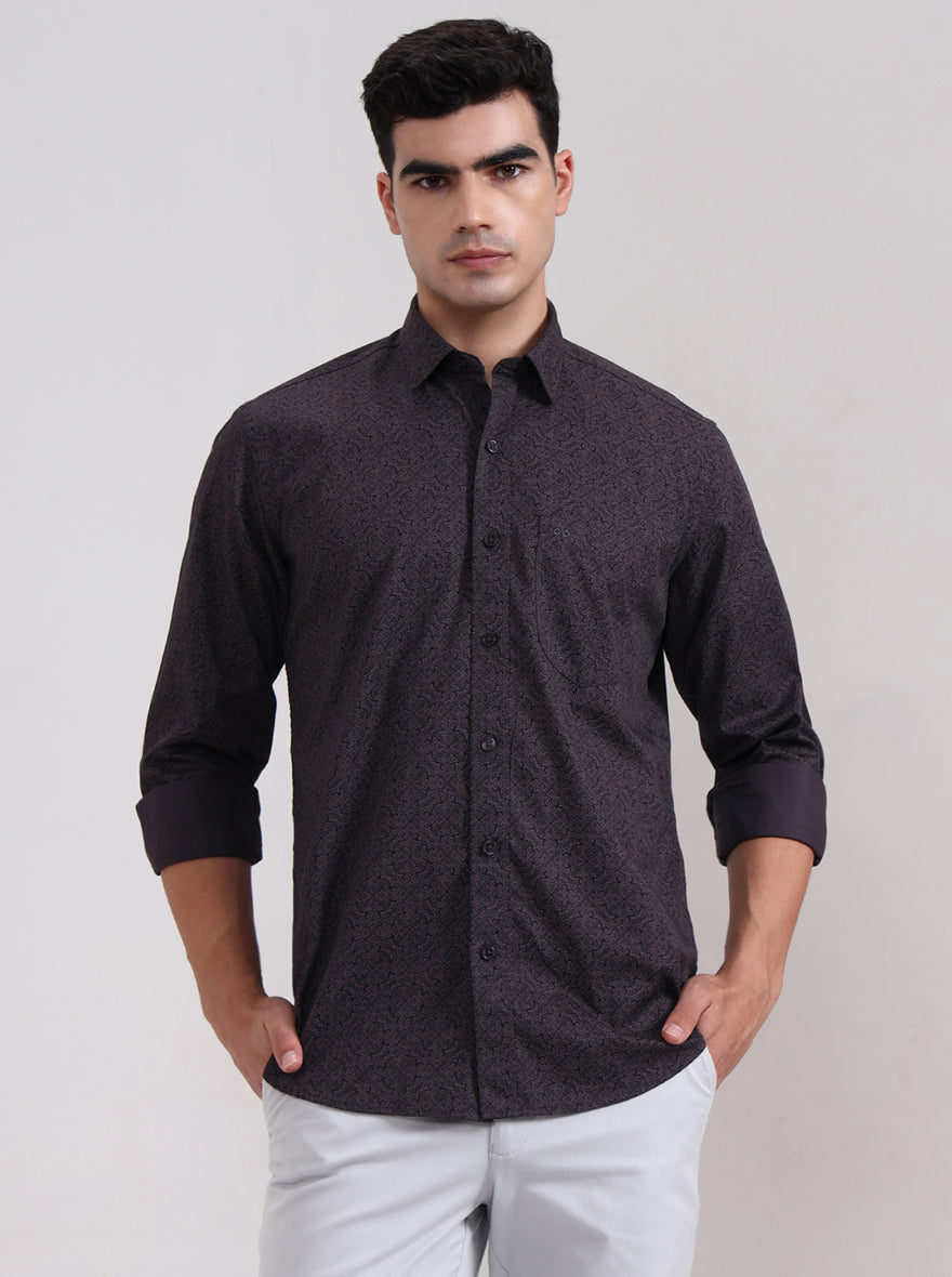 Dark Grey Printed Tailored Fit Semi Casual Shirt | JadeBlue