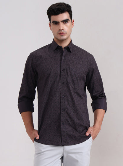 Dark Grey Printed Tailored Fit Semi Casual Shirt | JadeBlue