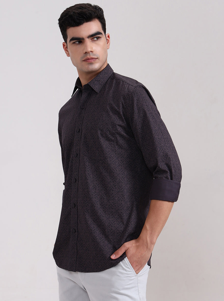 Dark Grey Printed Tailored Fit Semi Casual Shirt | JadeBlue