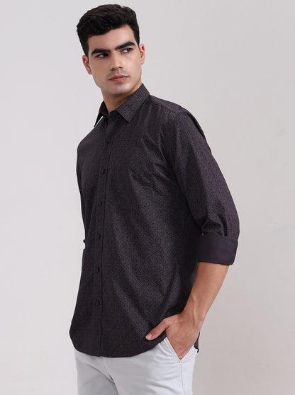 Dark Grey Printed Tailored Fit Semi Casual Shirt | JadeBlue