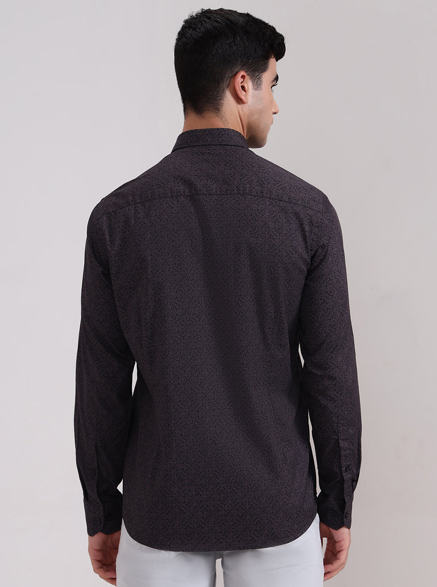 Dark Grey Printed Tailored Fit Semi Casual Shirt | JadeBlue