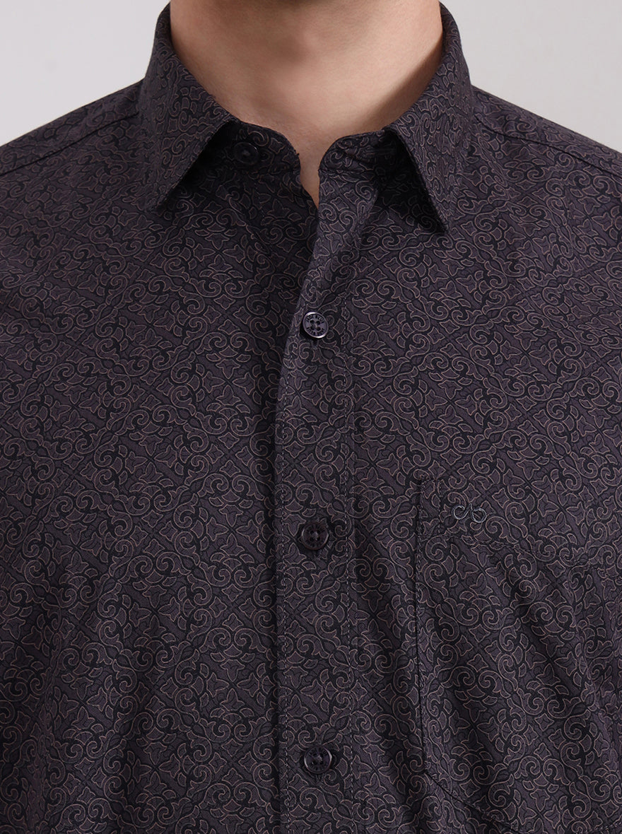 Dark Grey Printed Tailored Fit Semi Casual Shirt | JadeBlue