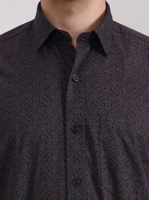 Dark Grey Printed Tailored Fit Semi Casual Shirt | JadeBlue