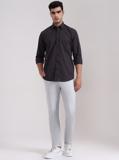 Dark Grey Printed Tailored Fit Semi Casual Shirt | JadeBlue