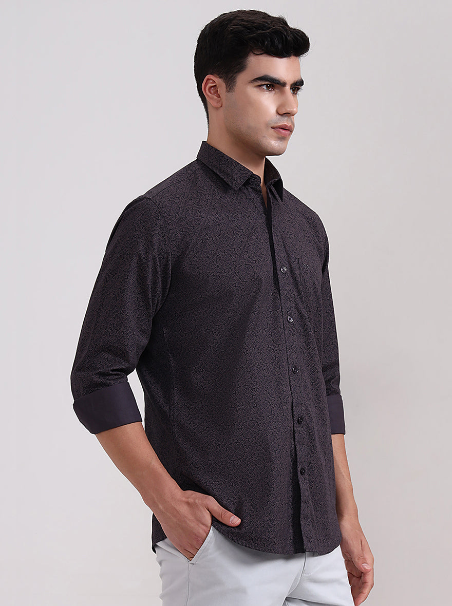 Dark Grey Printed Tailored Fit Semi Casual Shirt | JadeBlue