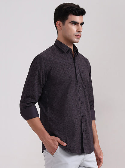 Dark Grey Printed Tailored Fit Semi Casual Shirt | JadeBlue