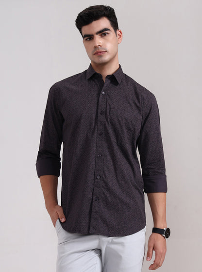 Dark Grey Printed Tailored Fit Semi Casual Shirt | JadeBlue