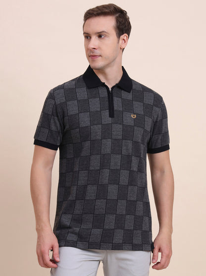 Dark Grey & Black Checked Slim Fit Polo T-Shirt | JadeBlue