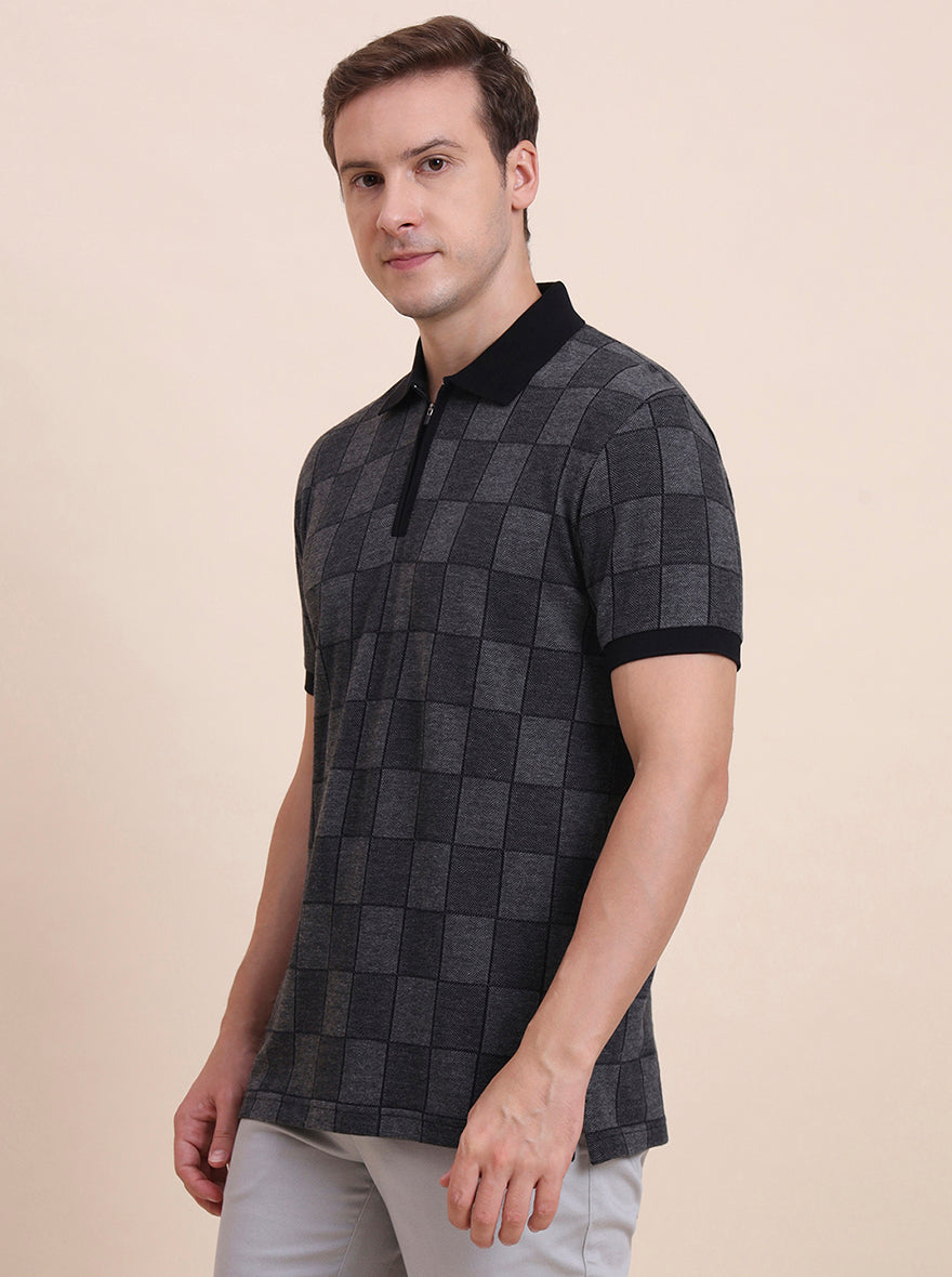 Dark Grey & Black Checked Slim Fit Polo T-Shirt | JadeBlue