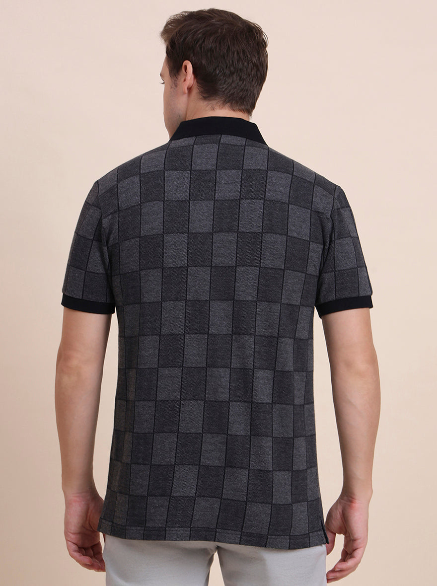 Dark Grey & Black Checked Slim Fit Polo T-Shirt | JadeBlue