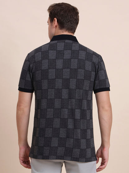 Dark Grey & Black Checked Slim Fit Polo T-Shirt | JadeBlue