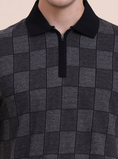 Dark Grey & Black Checked Slim Fit Polo T-Shirt | JadeBlue