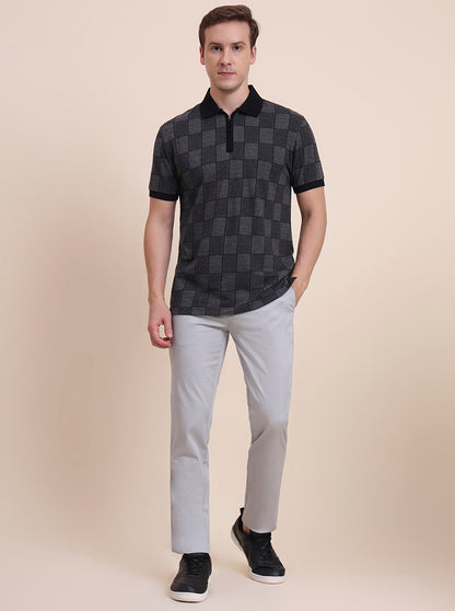 Dark Grey & Black Checked Slim Fit Polo T-Shirt | JadeBlue