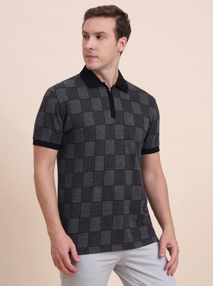 Dark Grey & Black Checked Slim Fit Polo T-Shirt | JadeBlue