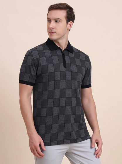 Dark Grey & Black Checked Slim Fit Polo T-Shirt | JadeBlue