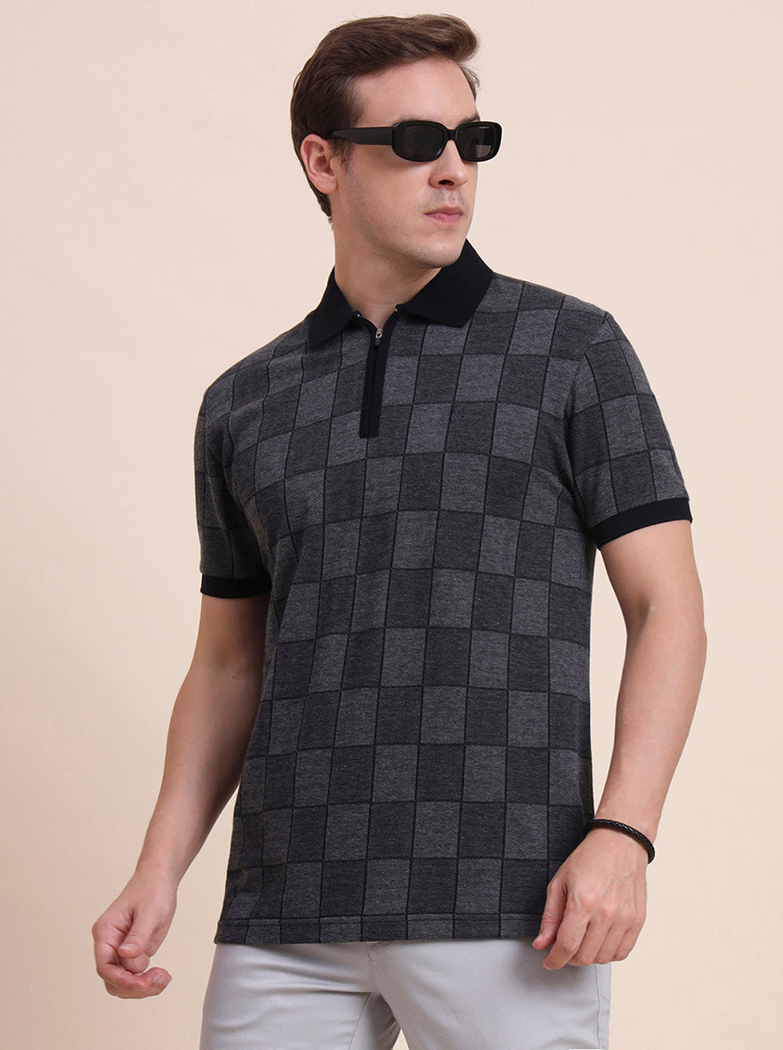 Dark Grey & Black Checked Slim Fit Polo T-Shirt | JadeBlue