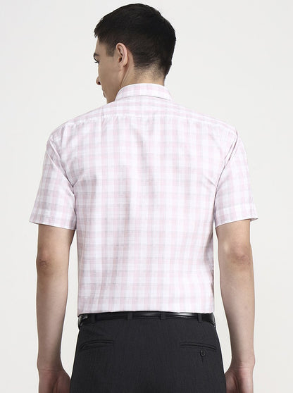 White & Pink Checked Regular Fit Formal Shirt | Greenfibre