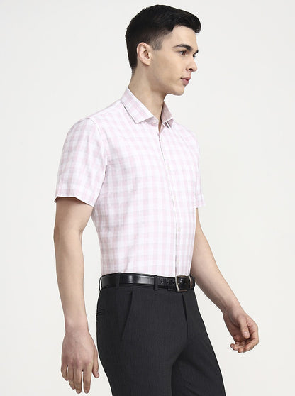 White & Pink Checked Regular Fit Formal Shirt | Greenfibre