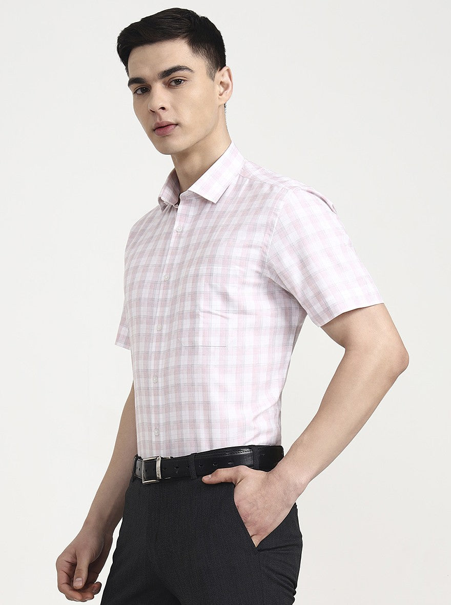 White & Pink Checked Regular Fit Formal Shirt | Greenfibre