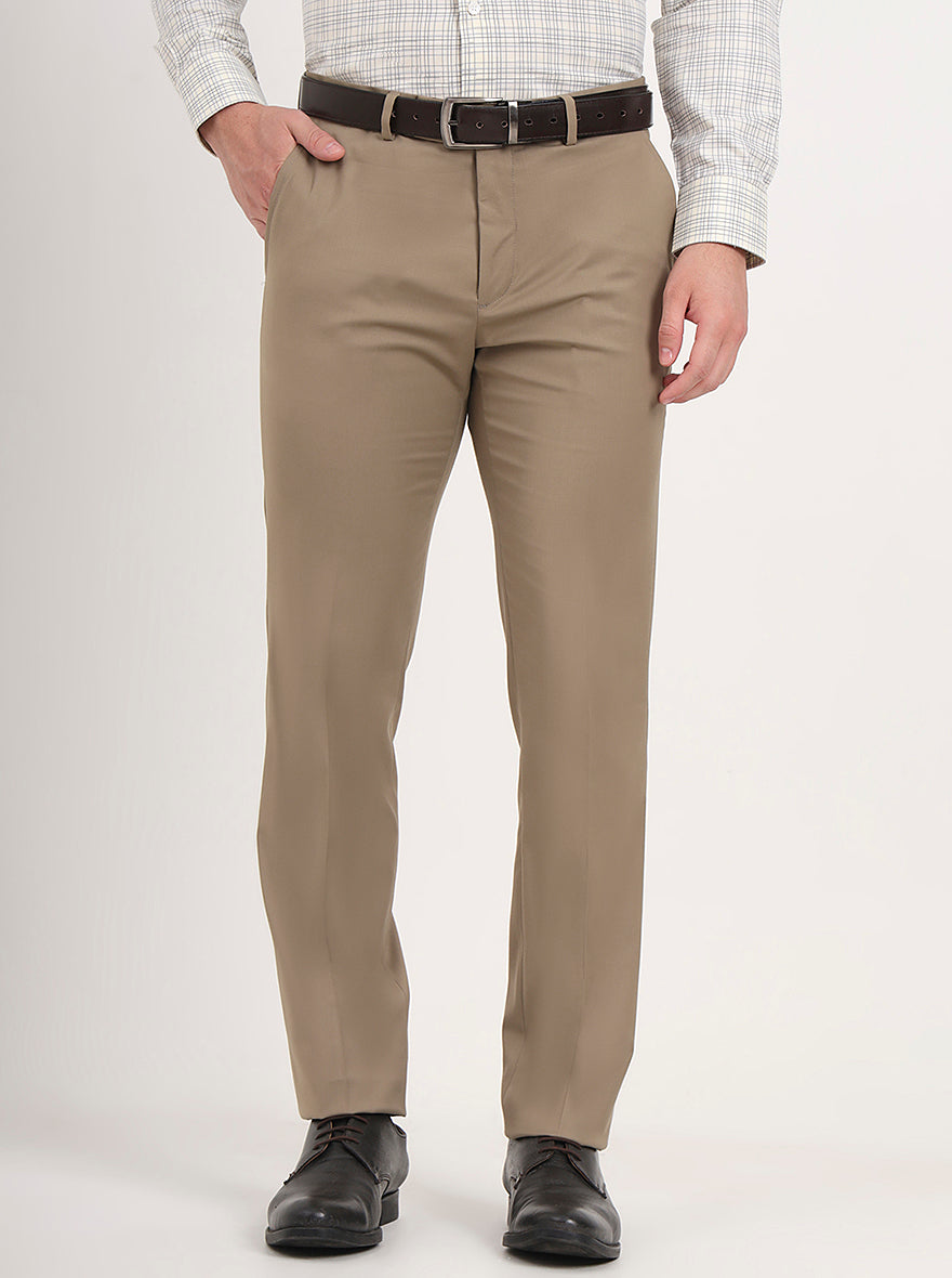 Khaki Solid Slim Fit Formal Trouser | Metal