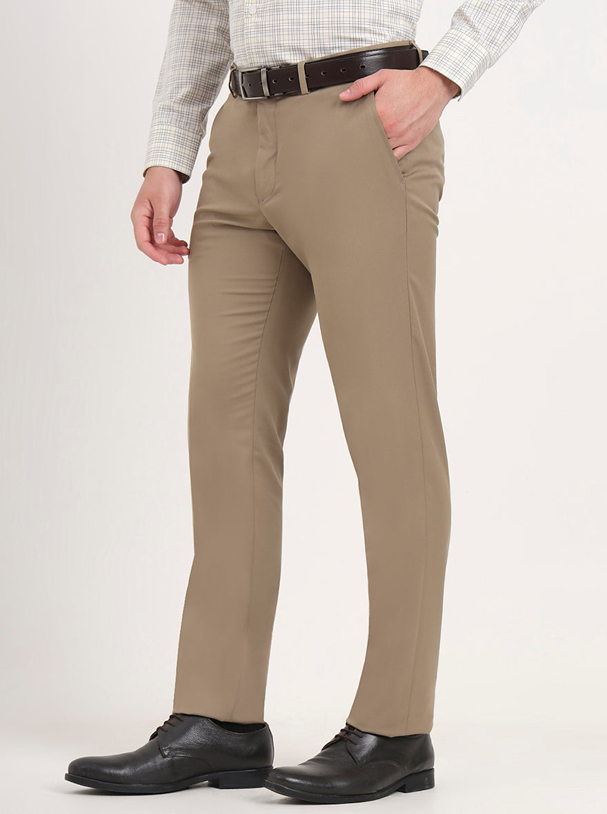 Khaki Solid Slim Fit Formal Trouser | Metal
