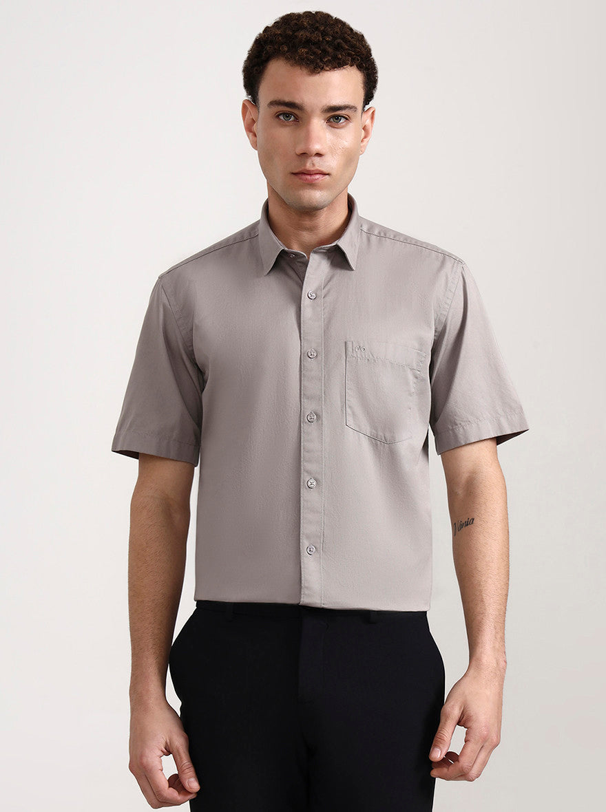 Light Grey Solid Tailored Fit Semi Casual Shirt | JadeBlue