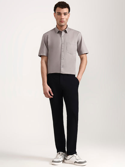 Light Grey Solid Tailored Fit Semi Casual Shirt | JadeBlue
