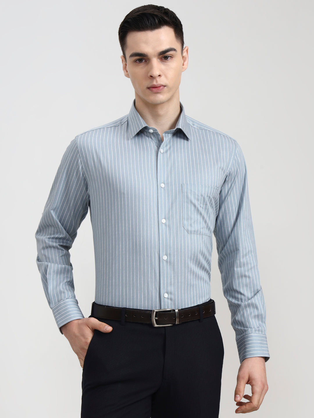 Sky Blue Striped Regular Fit Formal Shirt | JadeBlue