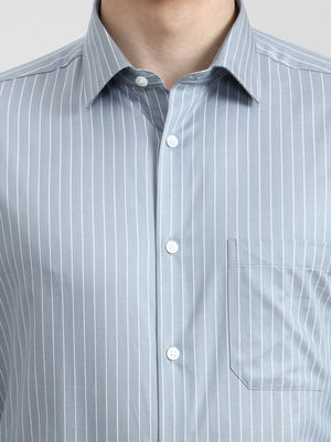 Sky Blue Striped Regular Fit Formal Shirt | JadeBlue