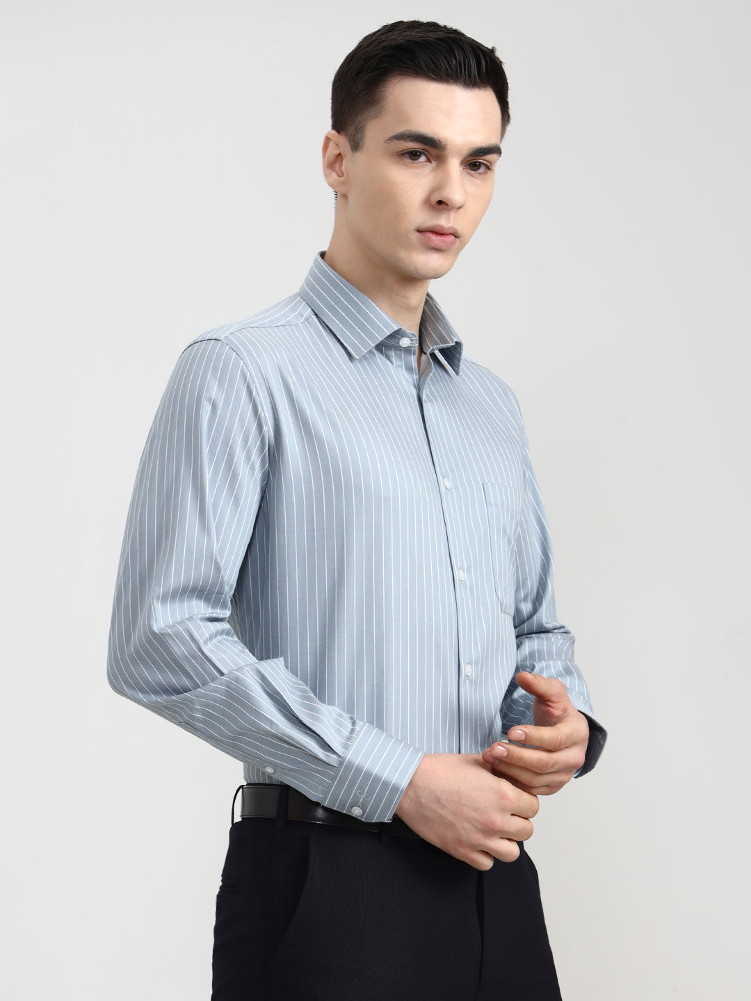 Sky Blue Striped Regular Fit Formal Shirt | JadeBlue