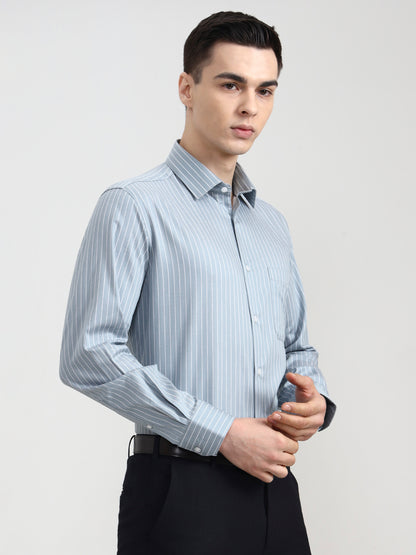 Sky Blue Striped Regular Fit Formal Shirt | JadeBlue