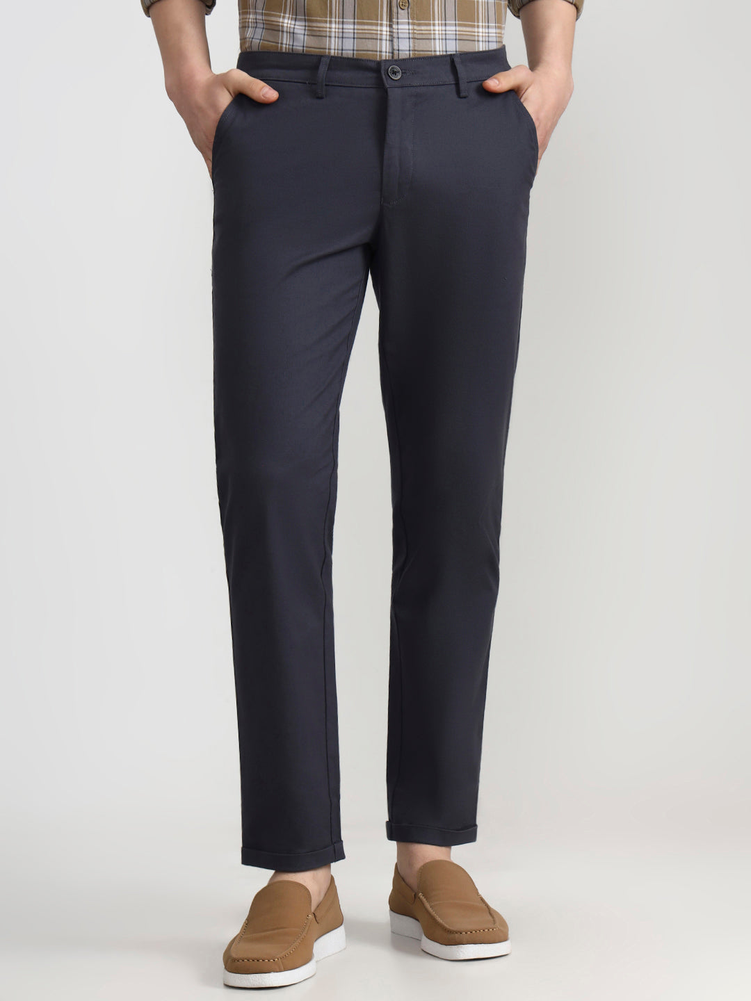 Dark Grey Solid Neo Fit Casual Trouser | Greenfibre