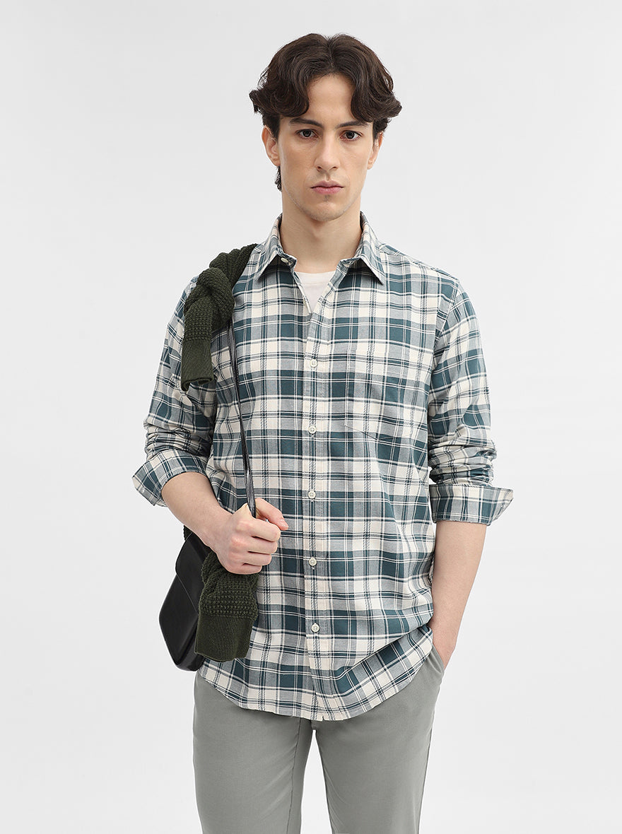 Teal Checked Slim Fit Casual Shirt | JadeBlue
