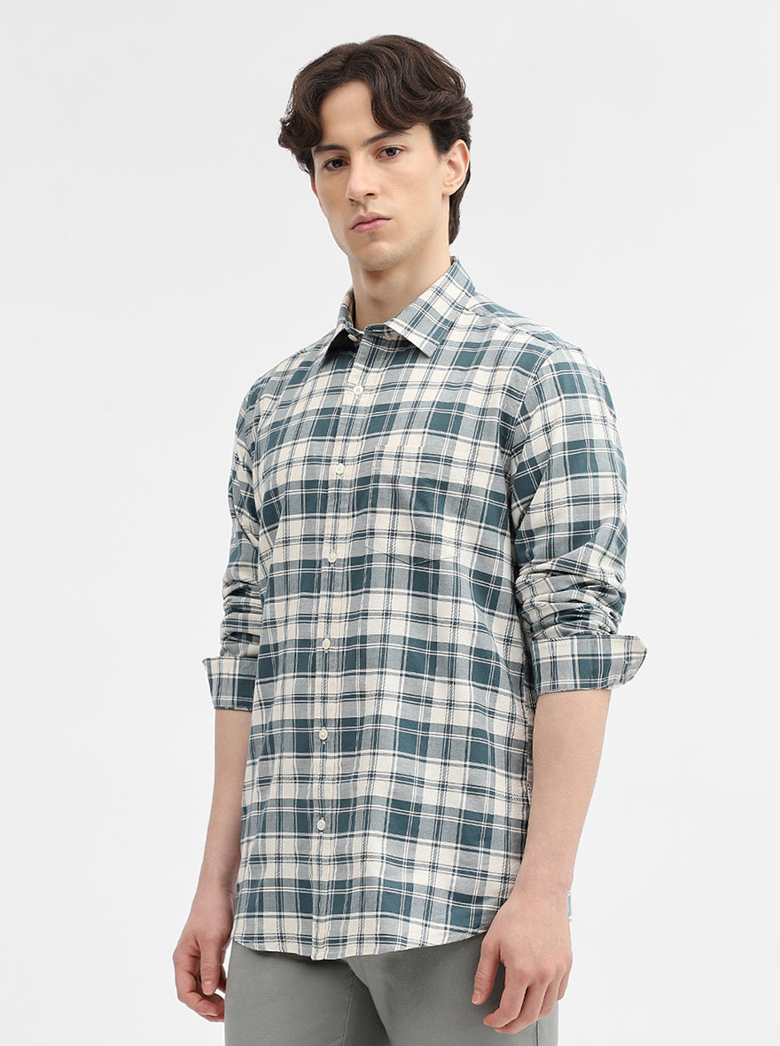 Teal Checked Slim Fit Casual Shirt | JadeBlue