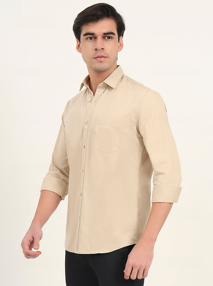 Beige Solid Slim Fit Semi Casual Shirt | Greenfibre