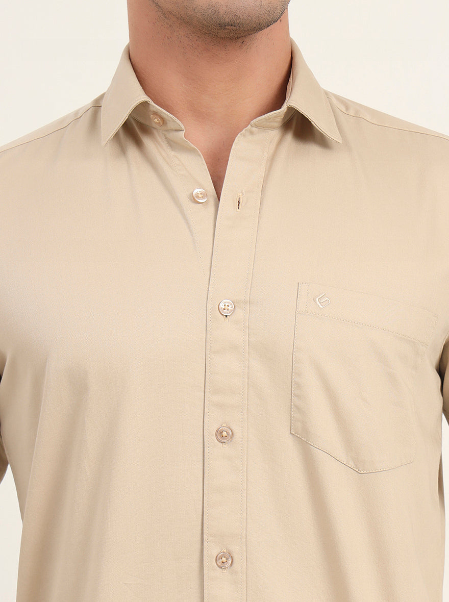 Beige Solid Slim Fit Semi Casual Shirt | Greenfibre