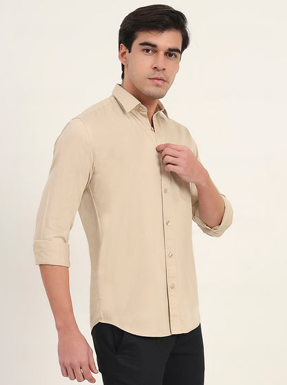 Beige Solid Slim Fit Semi Casual Shirt | Greenfibre