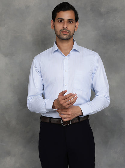 Sky Blue Striped Slim Fit Formal Shirt | GreenFibre