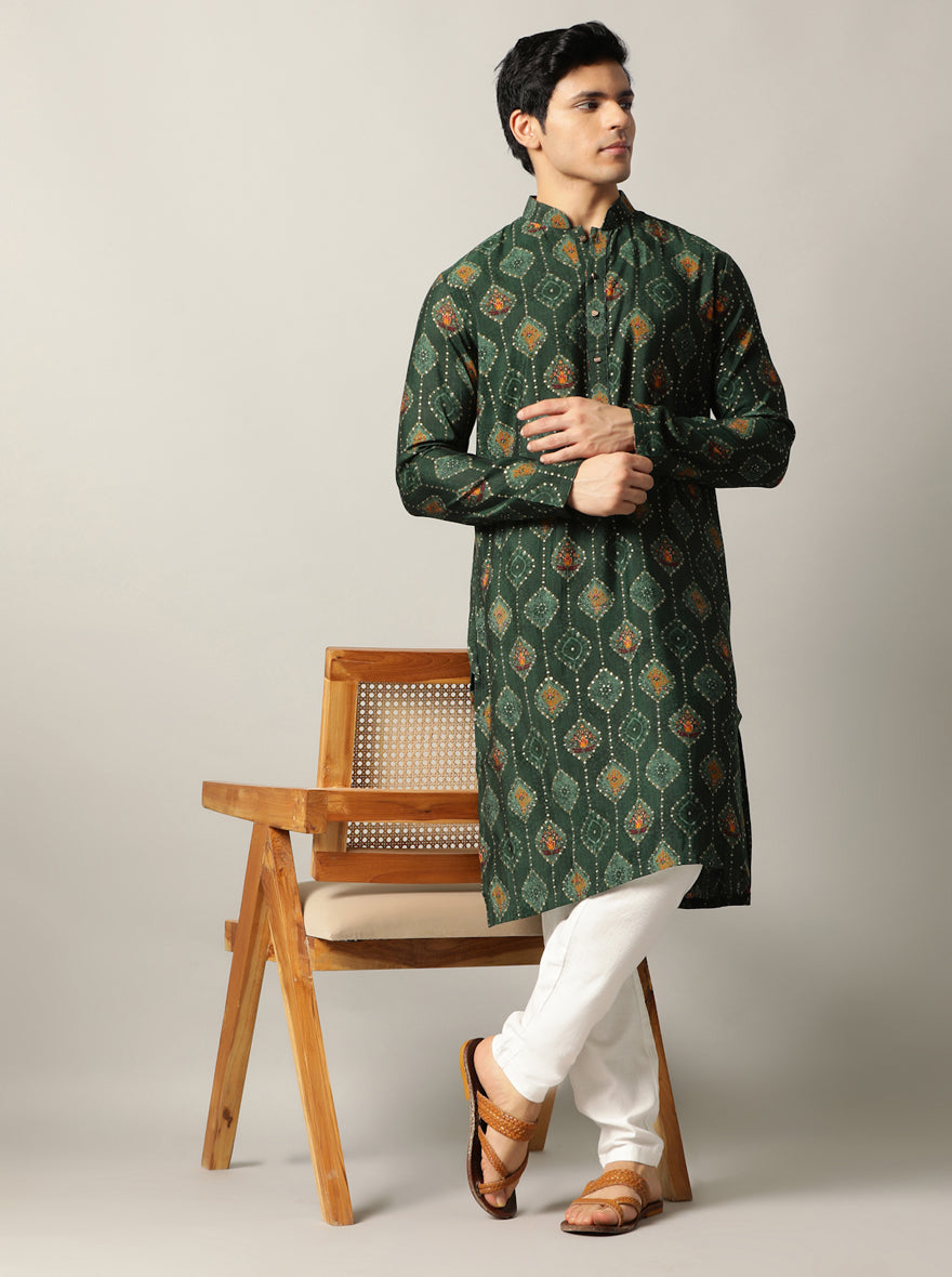 Bottle Green Printed Kurta | The Kurta Company