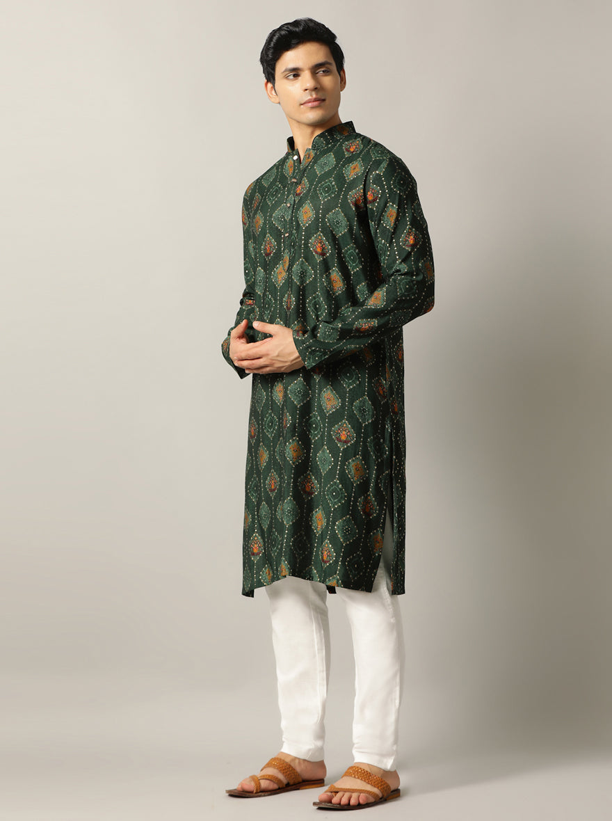 Bottle Green Printed Kurta | The Kurta Company