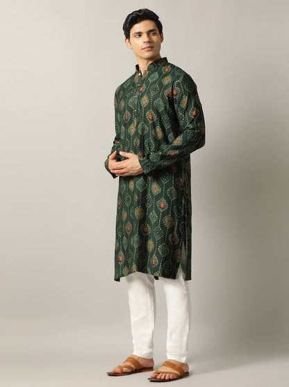 Bottle Green Printed Kurta | The Kurta Company