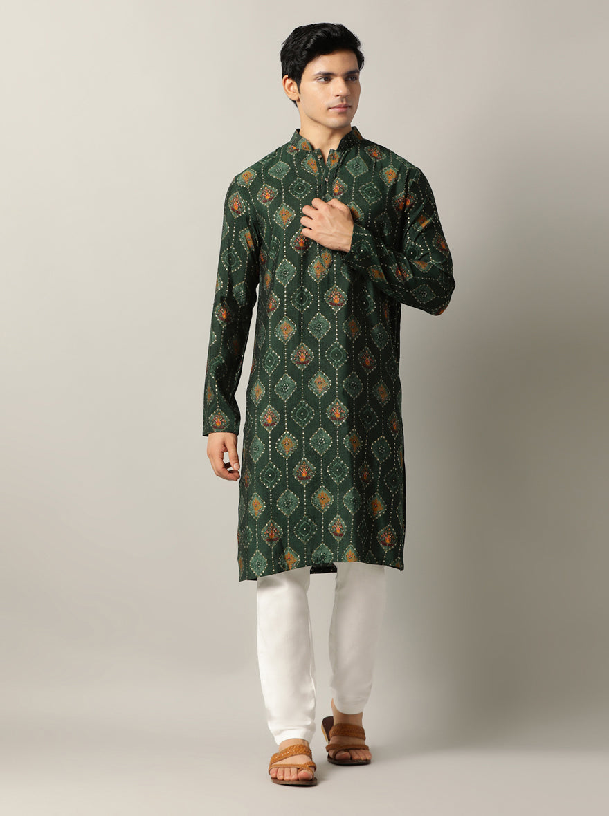 Bottle Green Printed Kurta | The Kurta Company