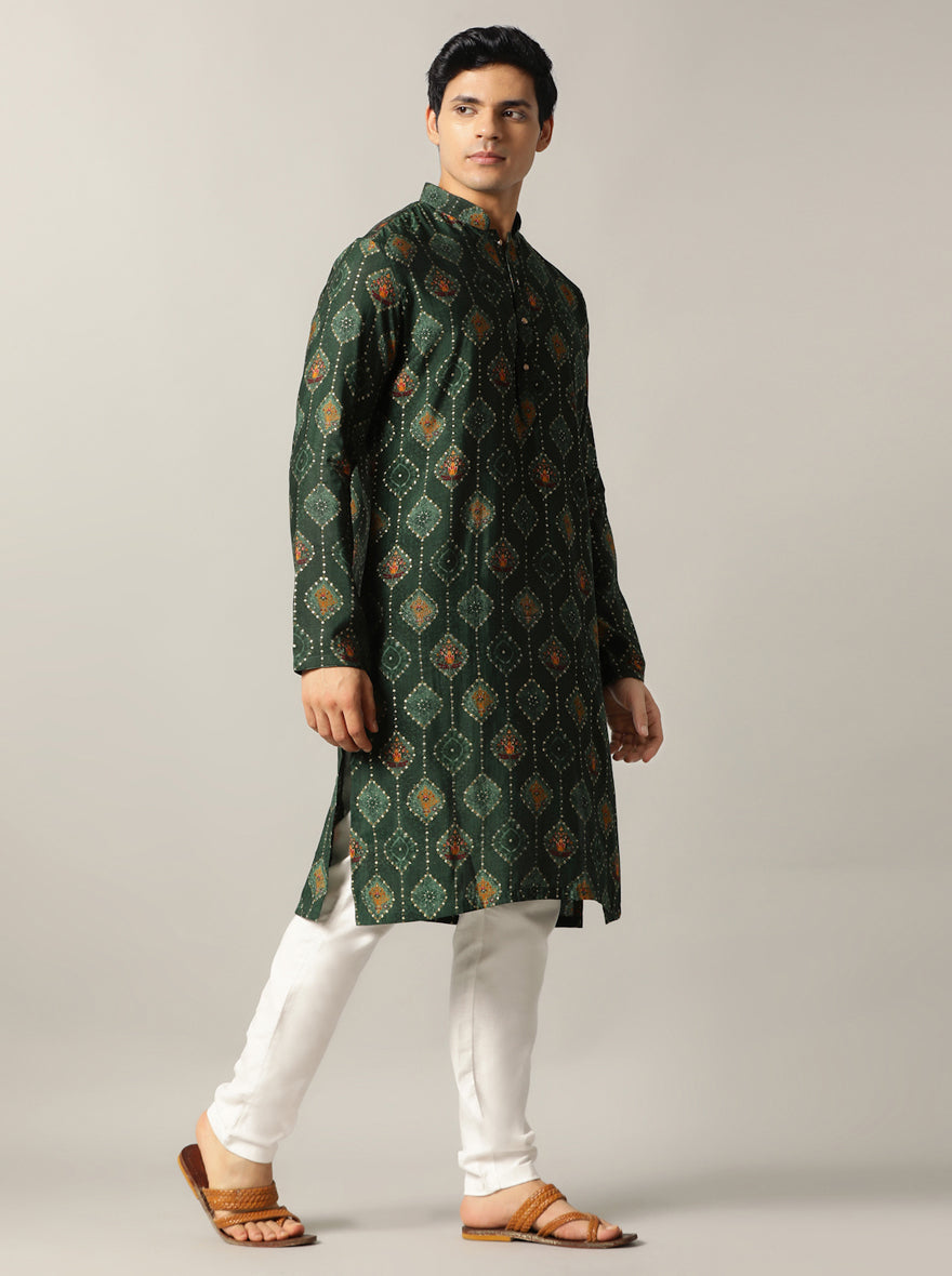 Bottle Green Printed Kurta | The Kurta Company